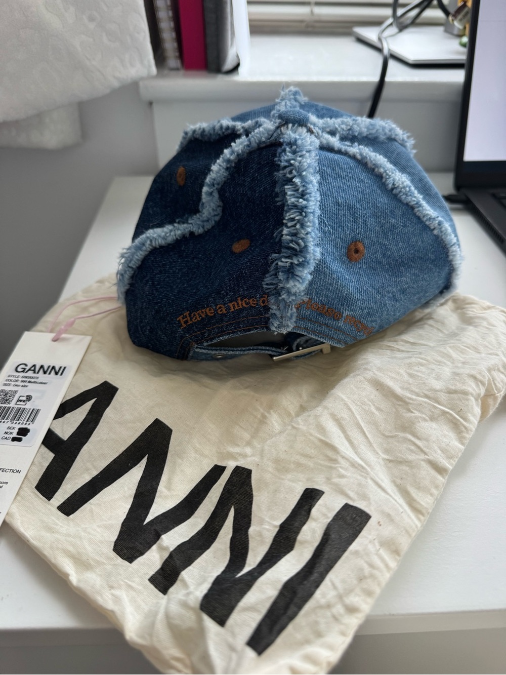 Ganni Frayed Two-Tone Denim Cap - Light & Dark Blue - Picture 2 of 2